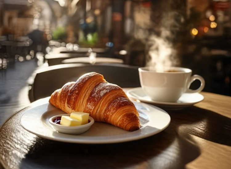 Bữa sáng Paris với Croissant và cà phê đậm vị Bữa sáng truyền thống của người Pháp với bánh Croissant và cà phê tại Paris